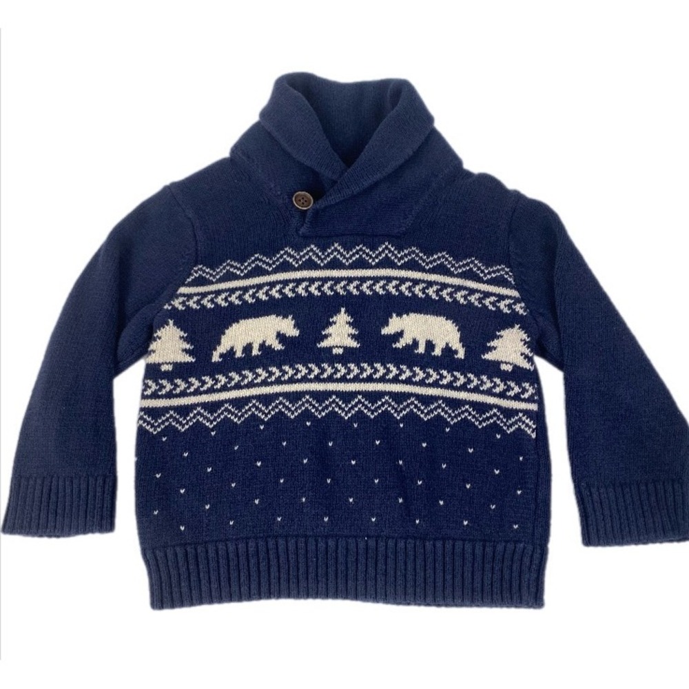 The‎ Children's Place Sweater Boys 12-18M Blue Shawl Collar Polar Bear Fair Isle